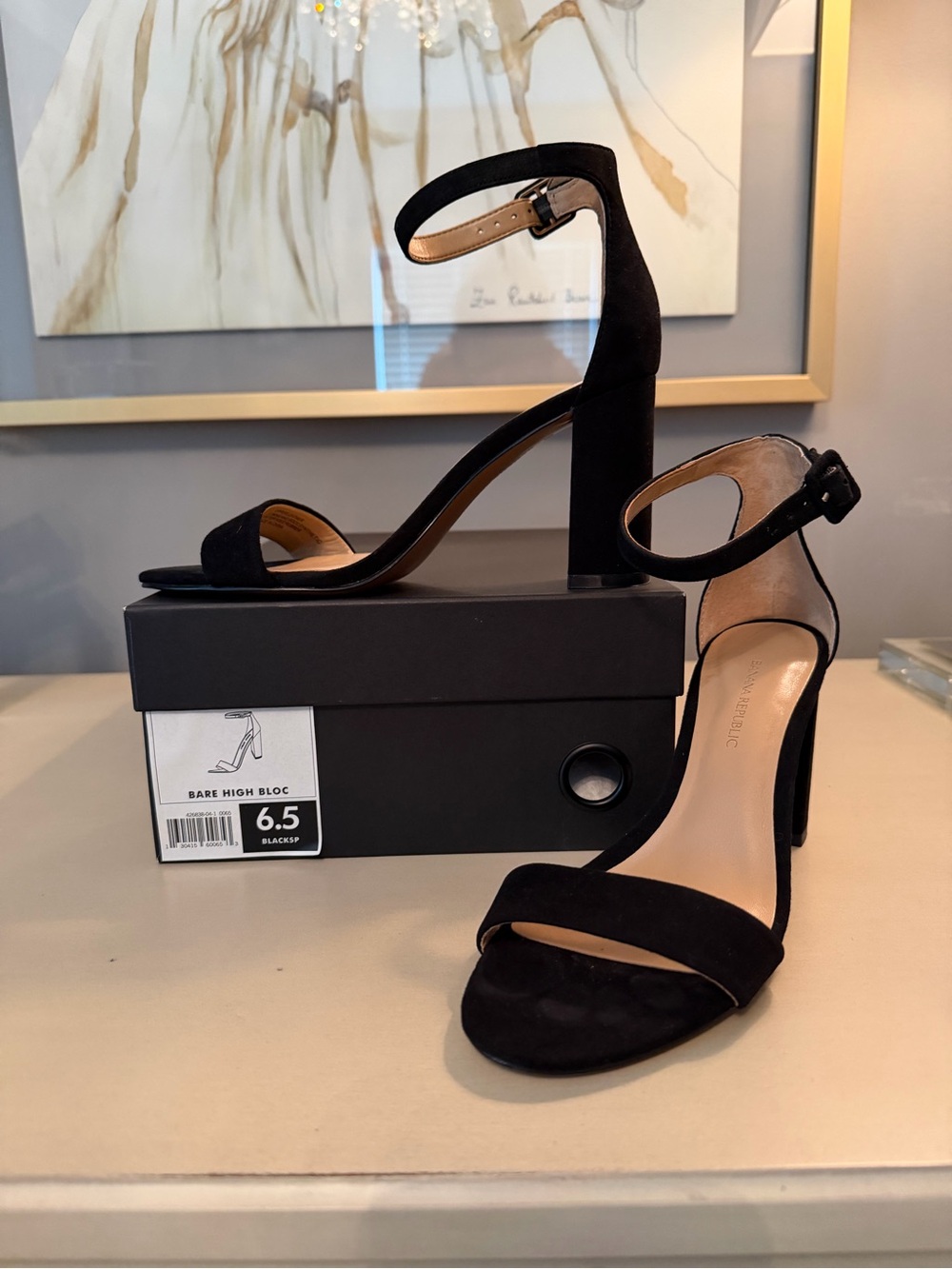 Banana Republic Black Suede Ankle-Strap Block Heel Sandals. NEW IN BOX.